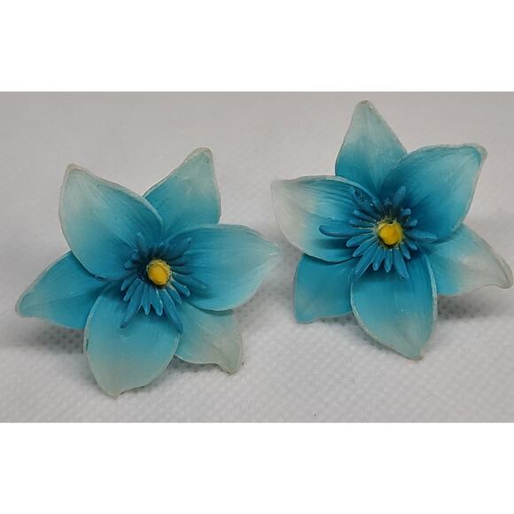 Vintage Clip On Earrings Turquoise Yellow Tropical Flower Marked West Germany - Picture 9 of 9